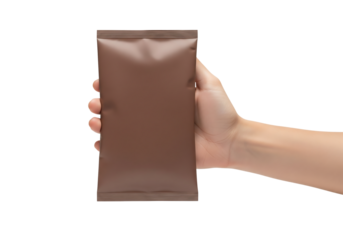 Hand holding blank brown snack pouch. Food packaging mockup for coffee or protein. Isolated on transparent background, png