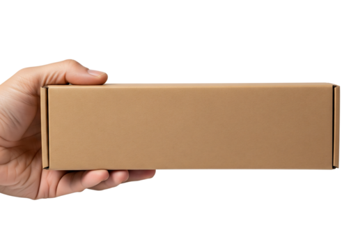 Hand holding a long brown cardboard box. Packaging and delivery service mockup. Isolated on transparent background, png