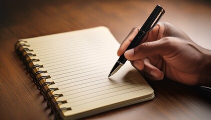 a hand is holding a black pen poised to write on a lined notebook writing journaling focus