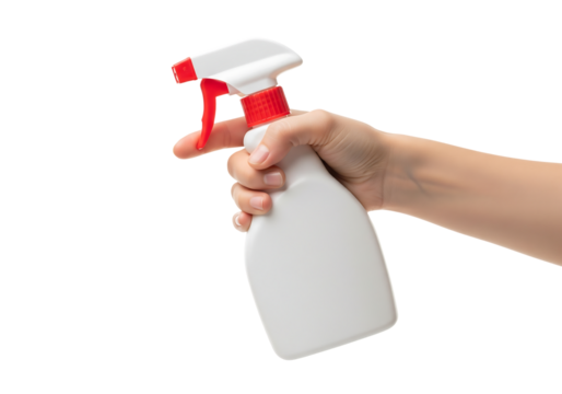 Hand holding white plastic spray bottle with red trigger for cleaning or cosmetic products. Isolated on transparent background, png
