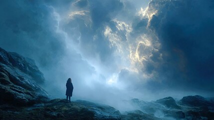 Woman silhouetted against dramatic cloudy sky, capturing solitude, contemplation, and the power of nature