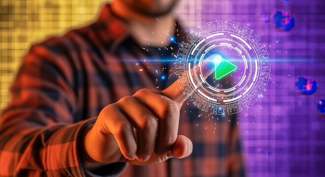 Finger pressing a digital play button, representing technology, innovation, entertainment, and futuristic user interface