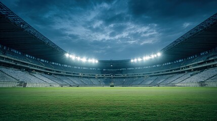 Illuminated Stadium at Night with Empty Seats, Ready for Sports, Football, or Concert Event