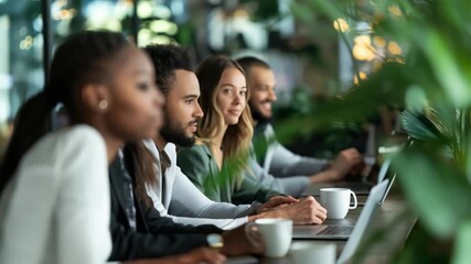 A diverse team professionals work together in modern office setting. The group is engaged in collaborative work, using laptops, enjoying beverages. The atmosphere is bright, productive