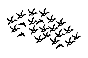 Naklejka premium Flock of Approaching Birds Silhouette on White Background flying nature