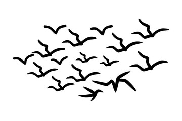 Flock of Approaching Birds Silhouette on White Background flying