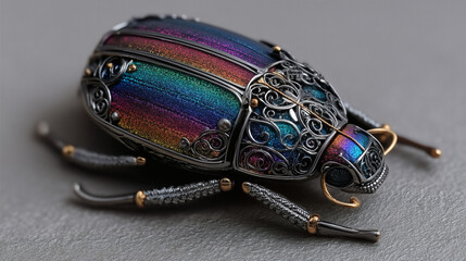Prismatic jewel scarab sculpture in ornate gunmetal filigree, fantasy relic art