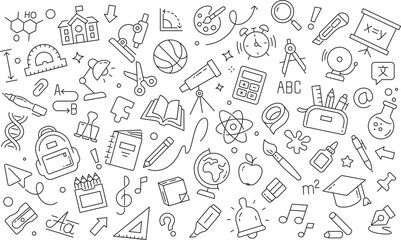 Back to School Editable Elements Set. Vector illustration in modern thin line doodle style of icons of school subjects, stationery, and more. Isolated on transparent background.