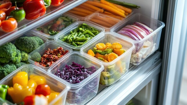 A colorful assortment of fresh vegetables organized in clear containers inside a refrigerator, showcasing healthy eating.
