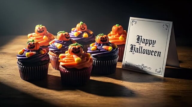 Vibrant Halloween Cupcakes with Pumpkin Toppers and Candy Corn, Alongside a 'Happy Halloween' Card on a Rustic Wooden Table