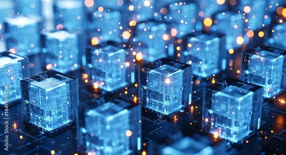 Poster a futuristic grid of glowing blue data cubes symbolizes blockchain technology or a server farm, with