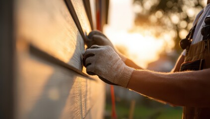 A worker in overalls and gloves is installing the siding on an outdoor house wall