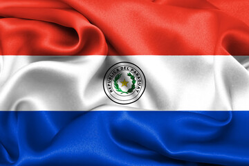Close-up of the national flag of Paraguay fluttering in the wind. 3D illustration.