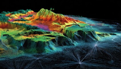 Colorful 3D terrain map with network of lines