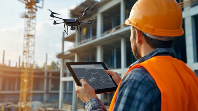 civil engineer using tablet on site, drone flying nearby for site mapping, digital twin interface