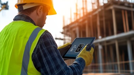 civil engineer using tablet on site, scanning QR code on structural element, safety gloves and digital integration