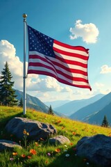 American flag at half-mast over a solemn landscape, symbol, burial ground, memorial