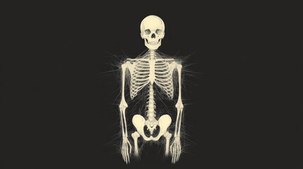 Anatomical Sketch:  Human Skeleton Rendered in Intricate Detail Against a Dark Background