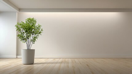 Minimalist Interior with Green Plant in Pot against White Wall and Wood Flooring for Home Decor