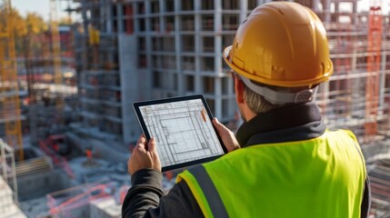 civil engineer using tablet on site, with 3D model comparison, partially constructed building in background
