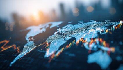 Global data visualization, world map overlaid with financial charts