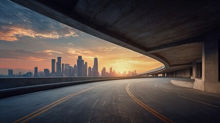 Urban Highway Leading to City Skyline at Sunset - Infrastructure and Transportation Concept
