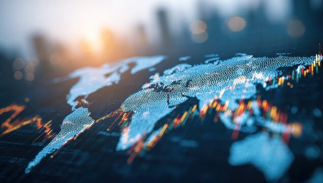 Global data visualization, world map overlaid with financial charts