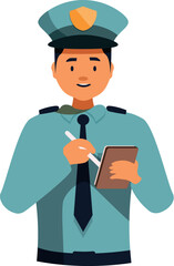 Police officer taking notes, writing on notepad with pen, wearing uniform and hat