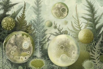 Mystical botanical dreamscape with glowing orbs and abstract plant structures in surreal forest atmosphere