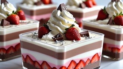 Gourmet pudding layers of strawberry, chocolate, and cream in a clear square jar, topped with whipped cream, chocolate cubes, and silver flakes, realistic luxury dessert illustration in soft lighting.