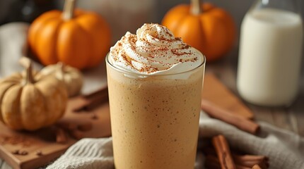 Autumn-inspired illustration of a creamy pumpkin pie smoothie, whipped cream topping, cinnamon dust, rustic wooden table, keto-friendly ingredients, natural soft light, cozy kitchen vibe.

