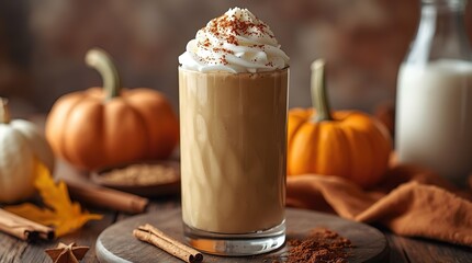 Hyper-realistic pumpkin smoothie art in a tall glass, topped with cream and cinnamon, rustic fall setting with almond milk, nutmeg, and pumpkins, warm golden tones, cozy seasonal atmosphere.
