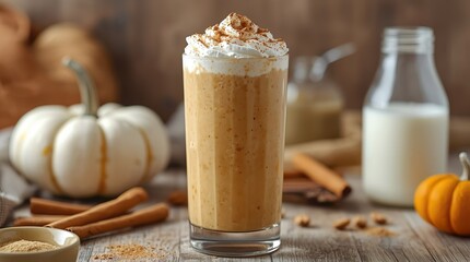 Ultra-realistic illustration of a creamy pumpkin spice smoothie in a tall glass, whipped cream topping, cinnamon sprinkle, rustic autumn kitchen background, keto-friendly ingredients, warm cozy colors