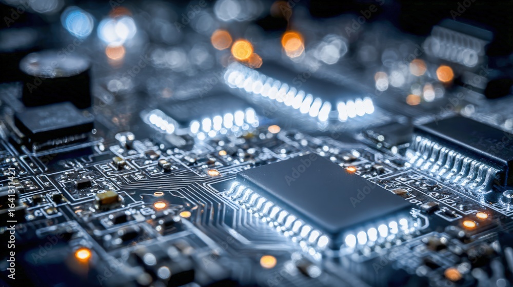 Poster macro shot of a modern computer motherboard with integrated circuitry and glowing led lights