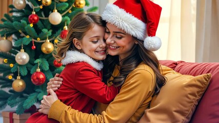 Mom hugging daughter in Santa Claus Christmas hat the living room. AI-generated - Powered by Adobe
