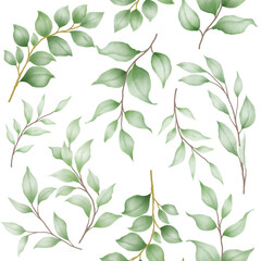 Seamless pattern with green leaves watercolor