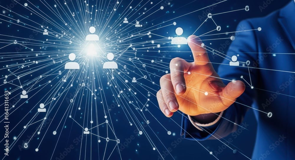 Poster business networking concept: businessman touching digital interface displaying global connections an