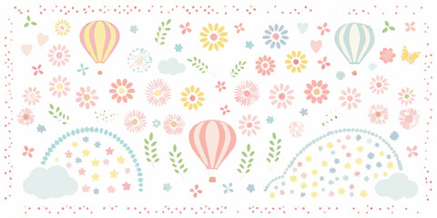 Whimsical collection of pastel hot air balloons flowers clouds and rainbows