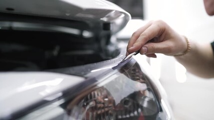 Professional mechanic carefully applying protective transparent film on vehicle headlight during automotive detailing service, ensuring scratch prevention and surface protection