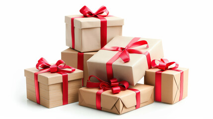 Obraz premium Stack of beige and light wood eco color gift boxes tied with red ribbons and bows, arranged on a white background for a festive, elegant presentation.