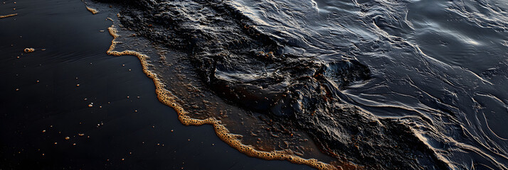 Spilled oil being meticulously cleaned up on a beach - illustrating the environmental repercussions wide banner 