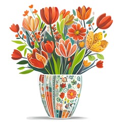 Vibrant Watercolor Bouquet of Tulips and Flowers in a Decorative