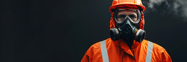 Worker in full protective gear at an oil refinery - reflecting the hard work of the oil industry wide banner - black background