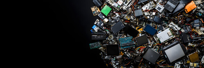 Pile of discarded electronic waste ready for recycling - highlighting the importance of proper e-waste management and recycling wide banner - black background