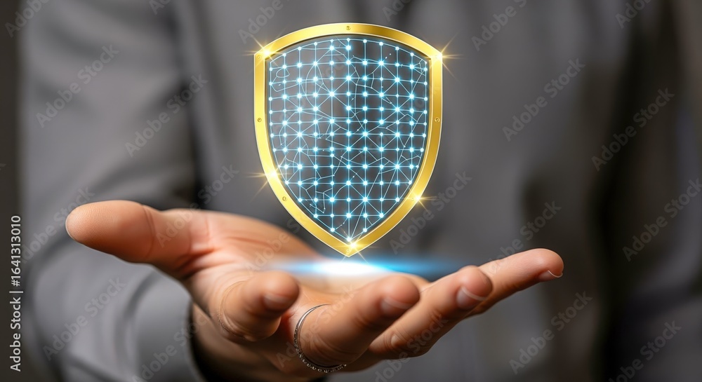 Poster digital security shield hovering over hand: protecting data, networks, and sensitive information in 