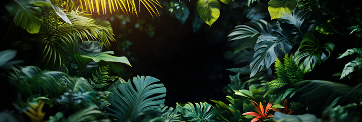 mesmerizing sunset casting its warm glow over a dense tropical rainforest wide banner - black background