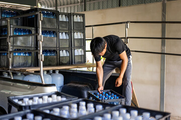 male warehouse worker lifting a bottled drinking water in a crate Load drinking water onto the...