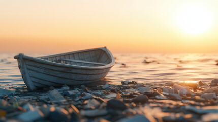 Broken abandoned boat floating in polluted water with plastic waste scattered around during warm sunset creating somber mood