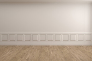 Classic interior with blank wall, panel, moldings. 3d render illustration mock up.