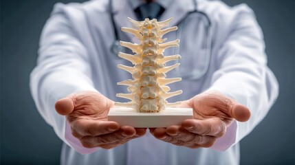 A professional in a lab coat holds a miniature model of a human spine, representing chiropractic care, orthopedics, and anatomy